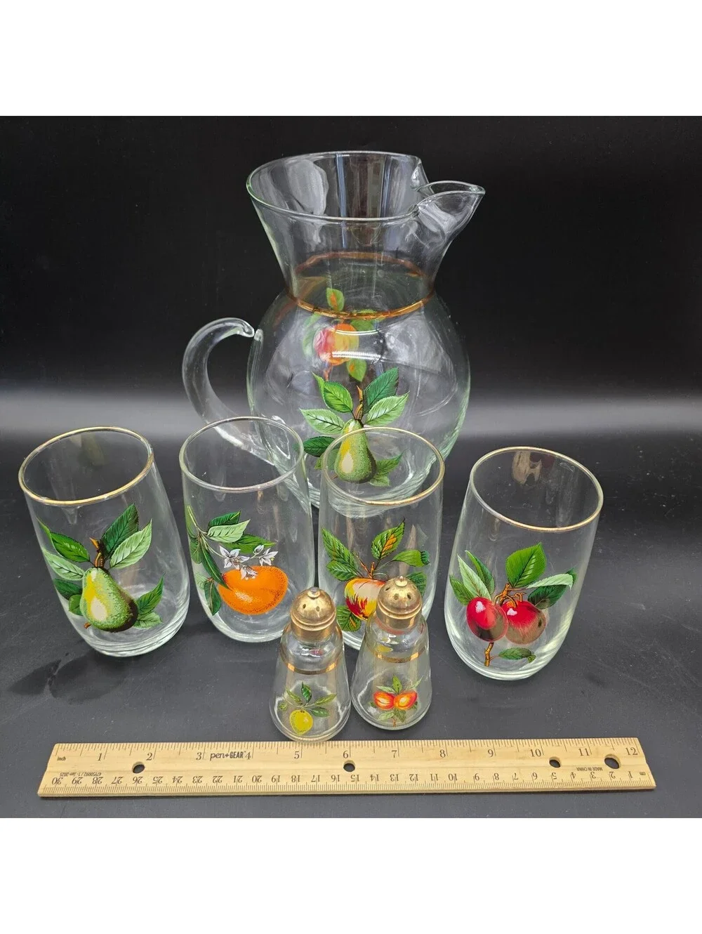 Vtg West Virginia Glass Orchard Fruit Pitcher 4 Tumblers Salt Pepper Shakers
